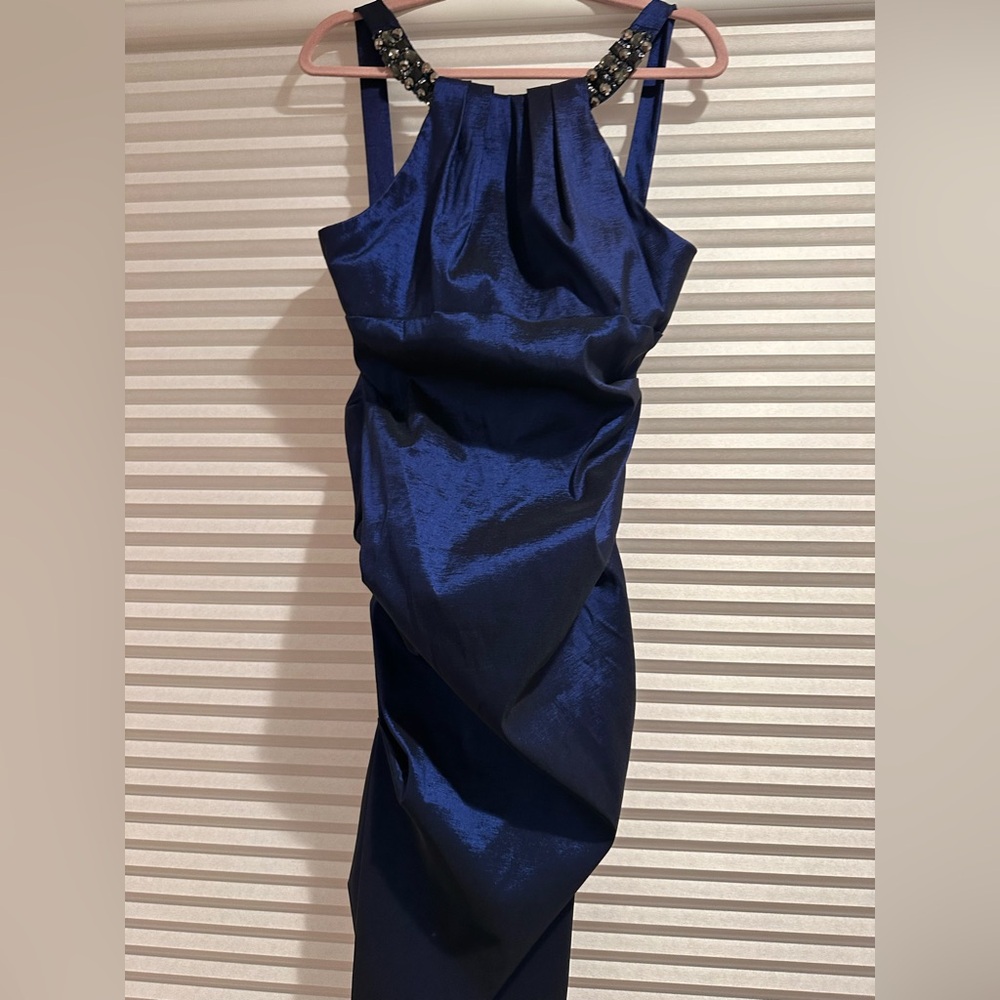 Xscape ruched blue taffeta cocktail dress w/embellished shoulder straps. 14. NWT